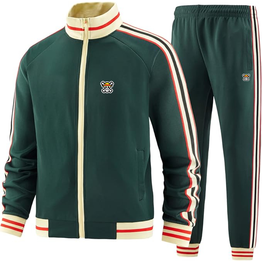 Men's Straw Hat  Tracksuit with Bold Striped Accents and Zippered Front
